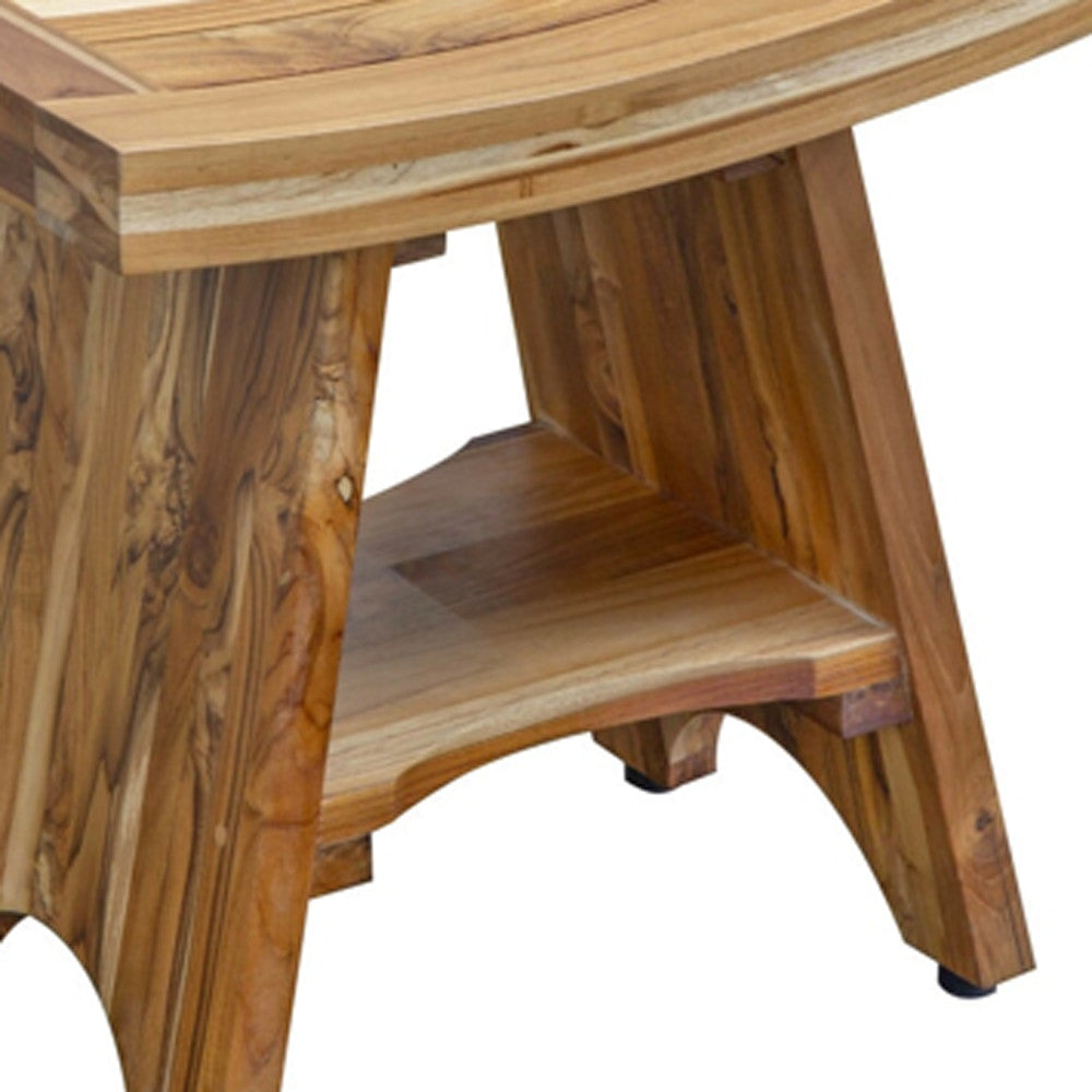 Compact Curvilinear Teak Shower Outdoor Bench With Shelf In Natural Finish-Shower Benches-DECOROLALA