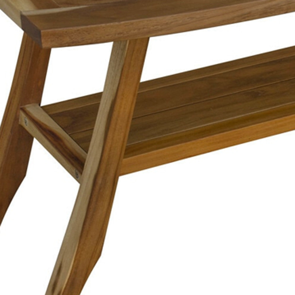 Compact Curvilinear Teak Shower Outdoor Bench With Shelf In Natural Finish-Shower Benches-DECOROLALA
