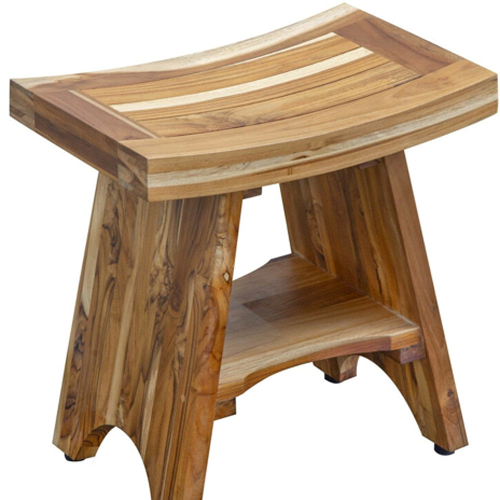 Compact Curvilinear Teak Shower Outdoor Bench With Shelf In Natural Finish-Shower Benches-DECOROLALA