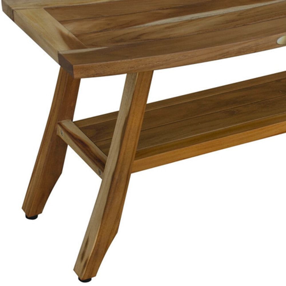 Compact Curvilinear Teak Shower Outdoor Bench With Shelf In Natural Finish-Shower Benches-DECOROLALA
