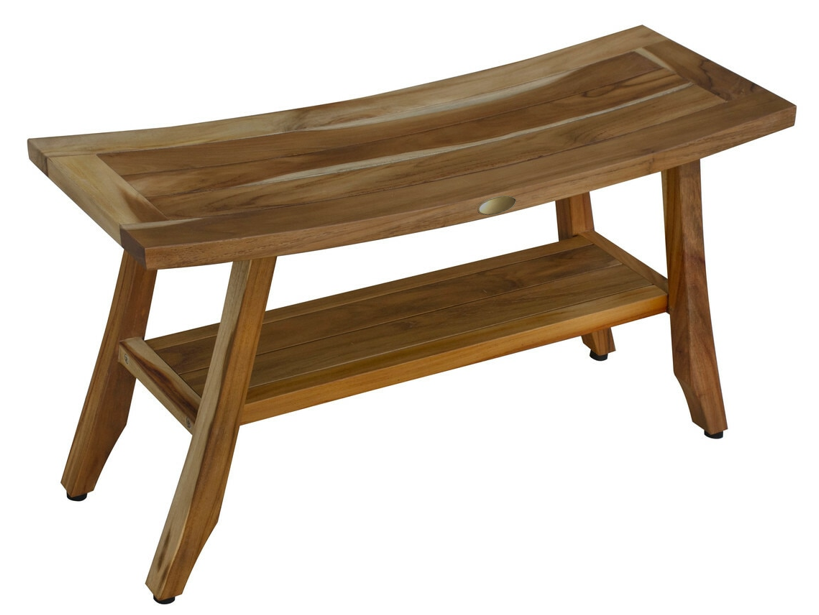 Compact Curvilinear Teak Shower Outdoor Bench With Shelf In Natural Finish-Shower Benches-DECOROLALA