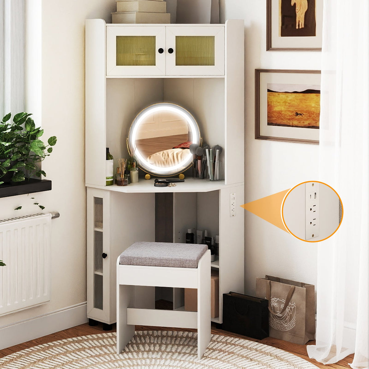 Compact Dressing Corner Vanity Desk with Mirror and Lights-White-Makeup Vanities-DECOROLALA