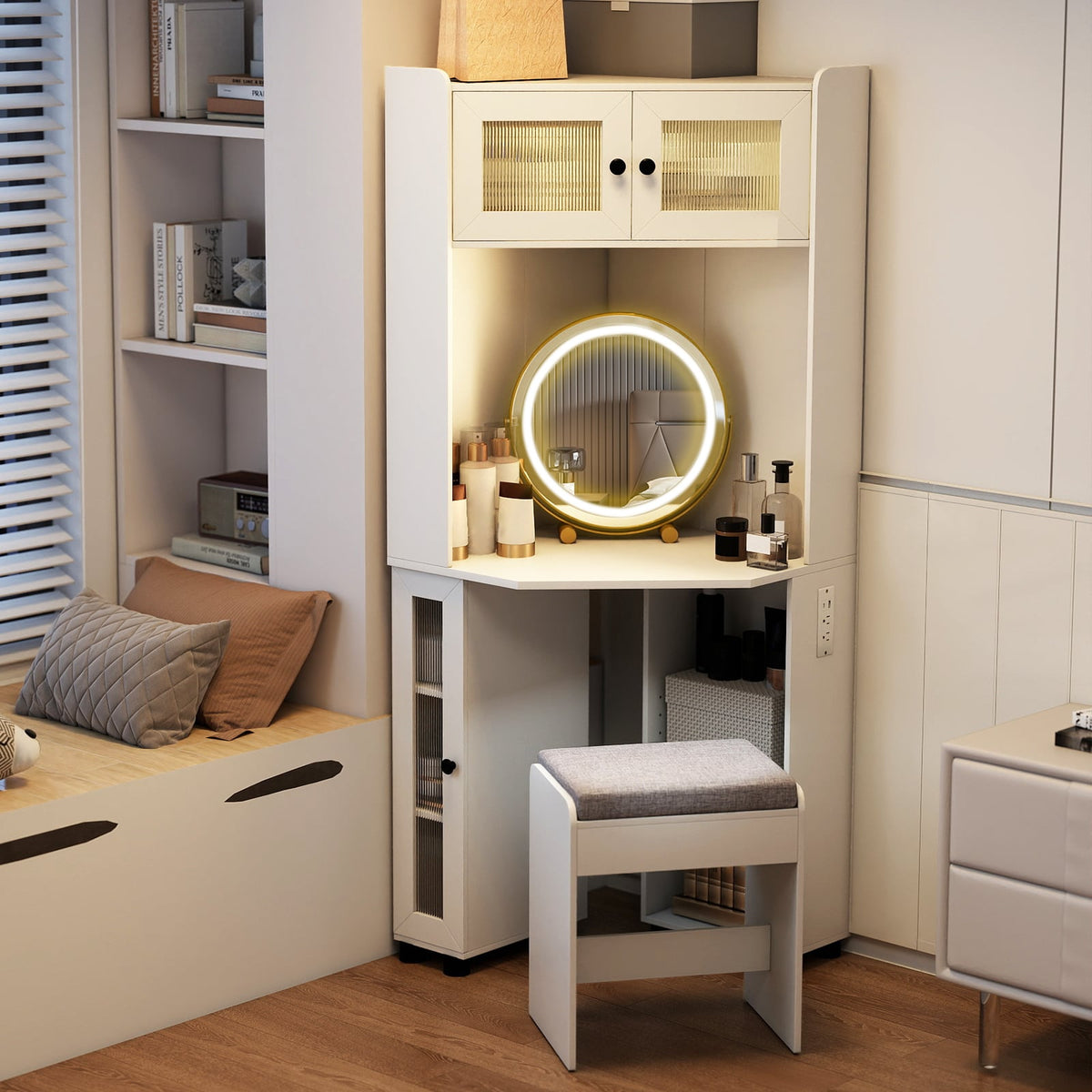 Compact Dressing Corner Vanity Desk with Mirror and Lights-White-Makeup Vanities-DECOROLALA