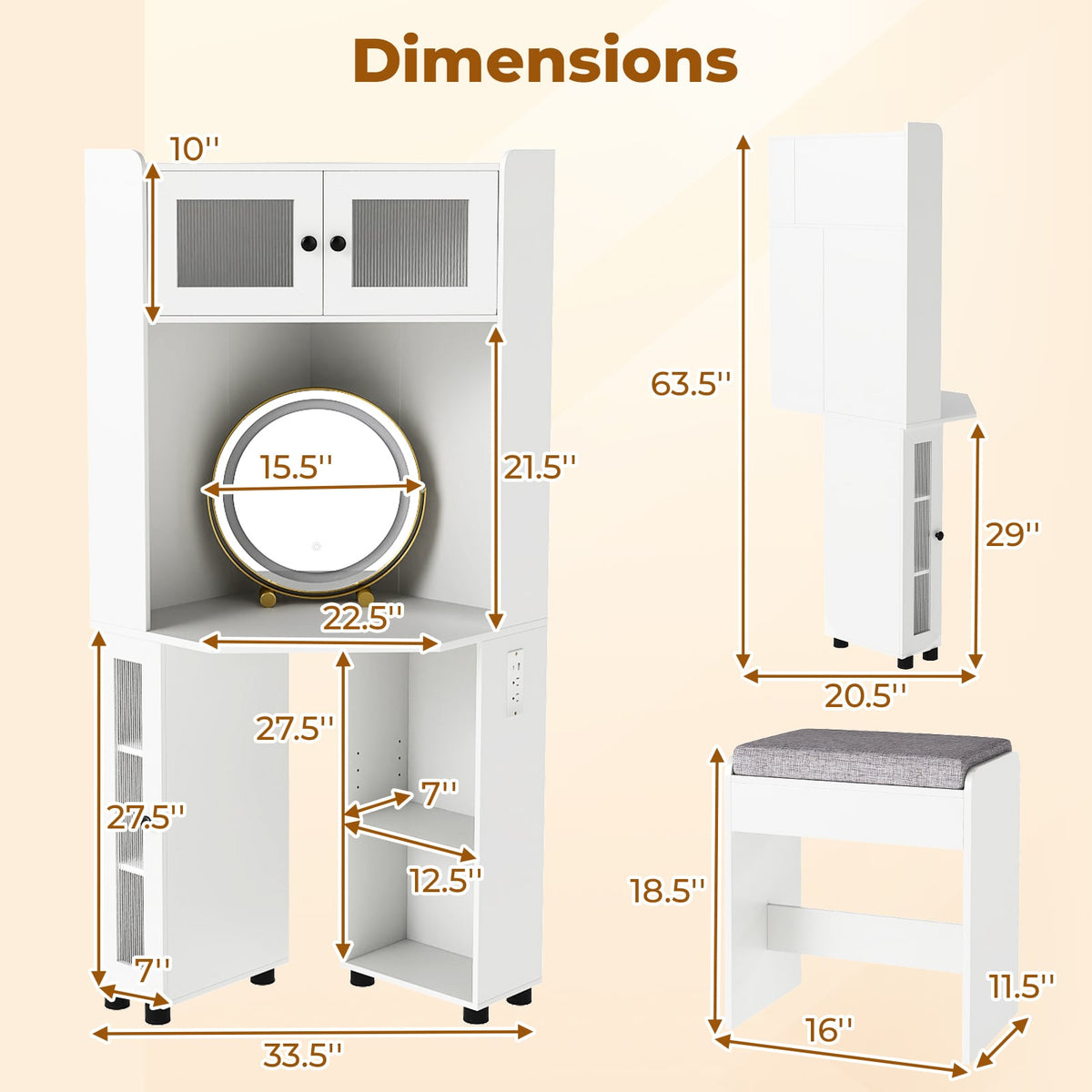 Compact Dressing Corner Vanity Desk with Mirror and Lights-White-Makeup Vanities-DECOROLALA
