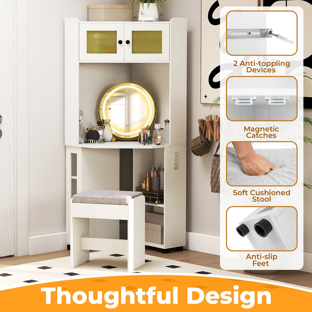 Compact Dressing Corner Vanity Desk with Mirror and Lights-White-Makeup Vanities-DECOROLALA