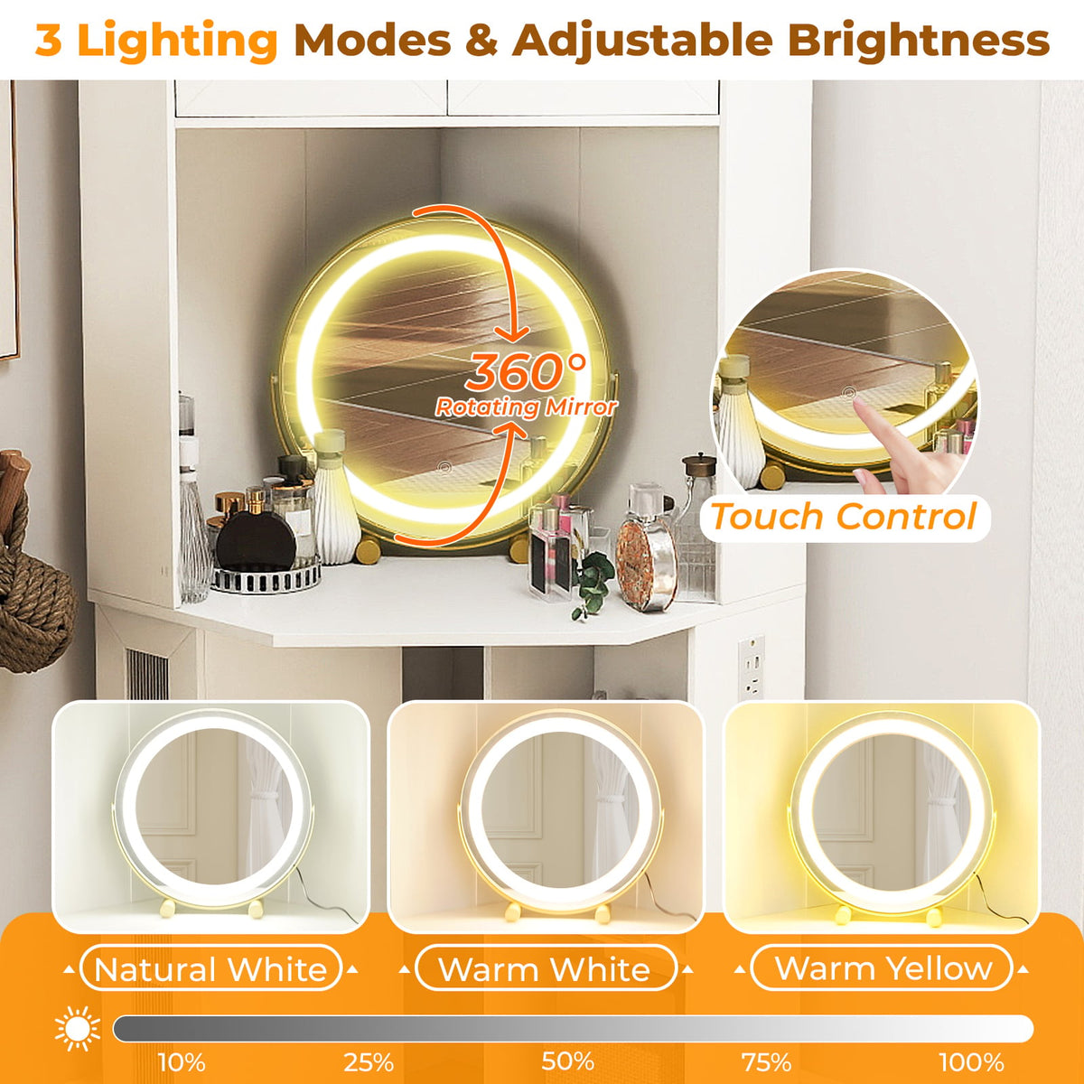 Compact Dressing Corner Vanity Desk with Mirror and Lights-White-Makeup Vanities-DECOROLALA