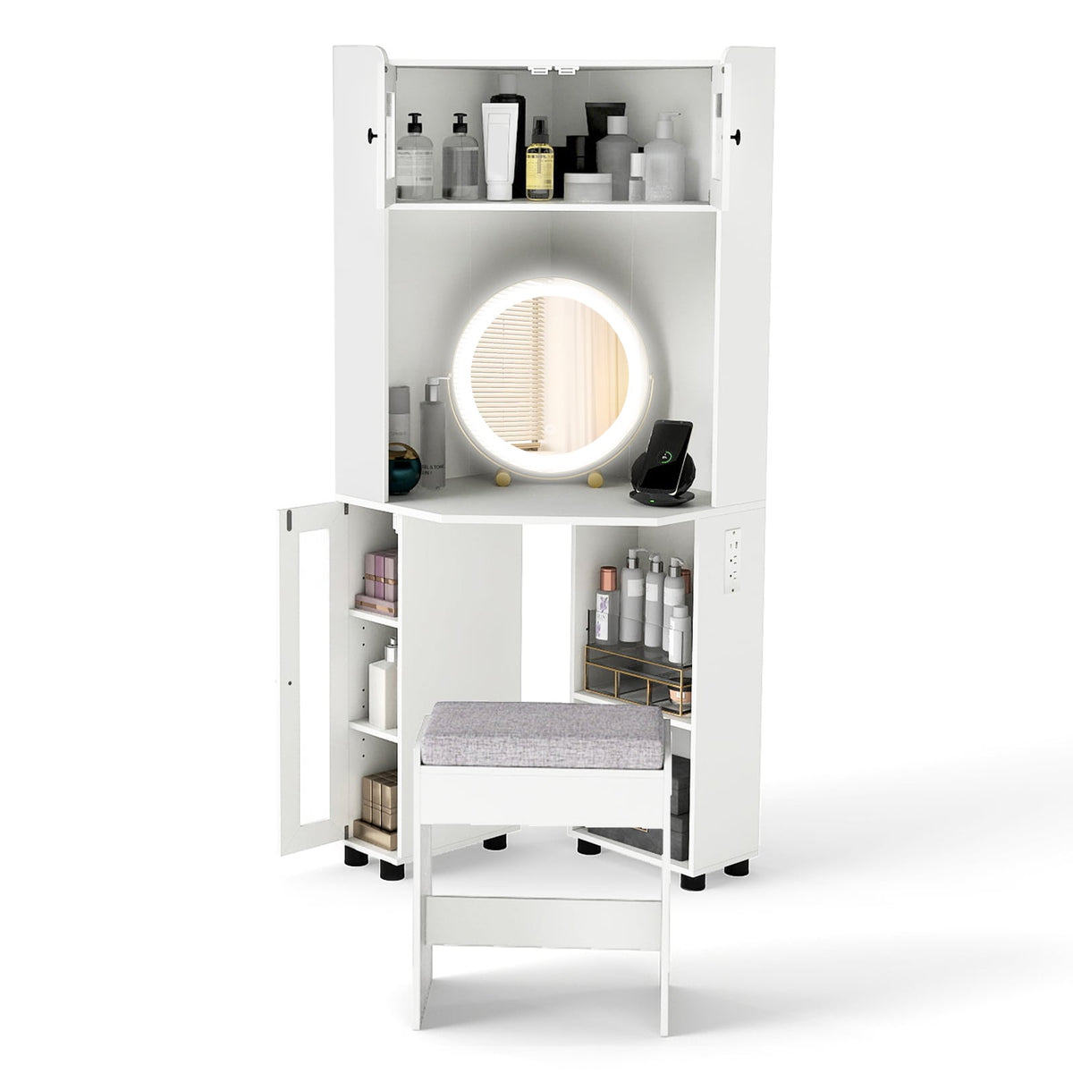 Compact Dressing Corner Vanity Desk with Mirror and Lights-White-Makeup Vanities-DECOROLALA