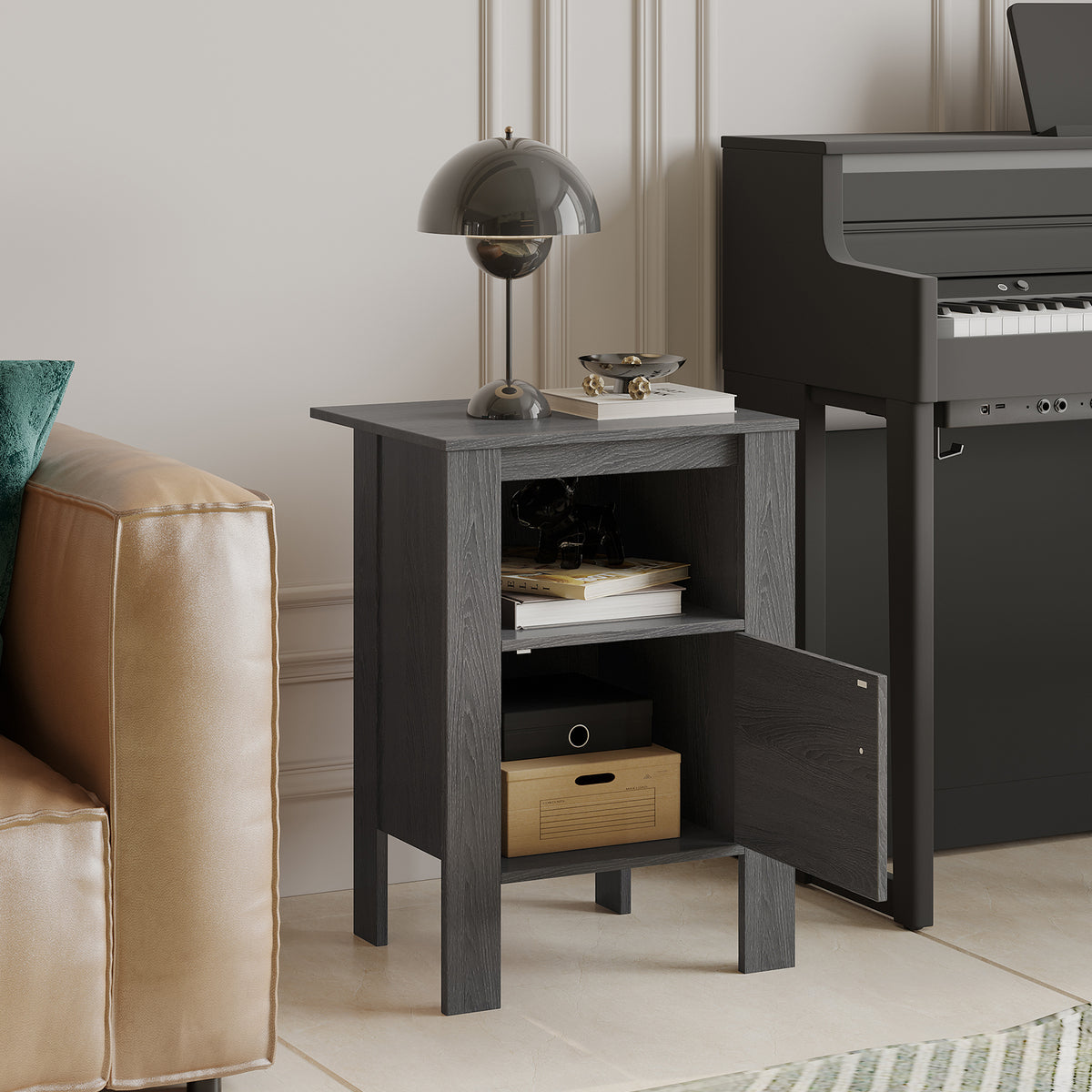 Compact Floor Farmhouse Nightstand with Open Shelf and Cabinet-Dark Gray-Nightstands-DECOROLALA