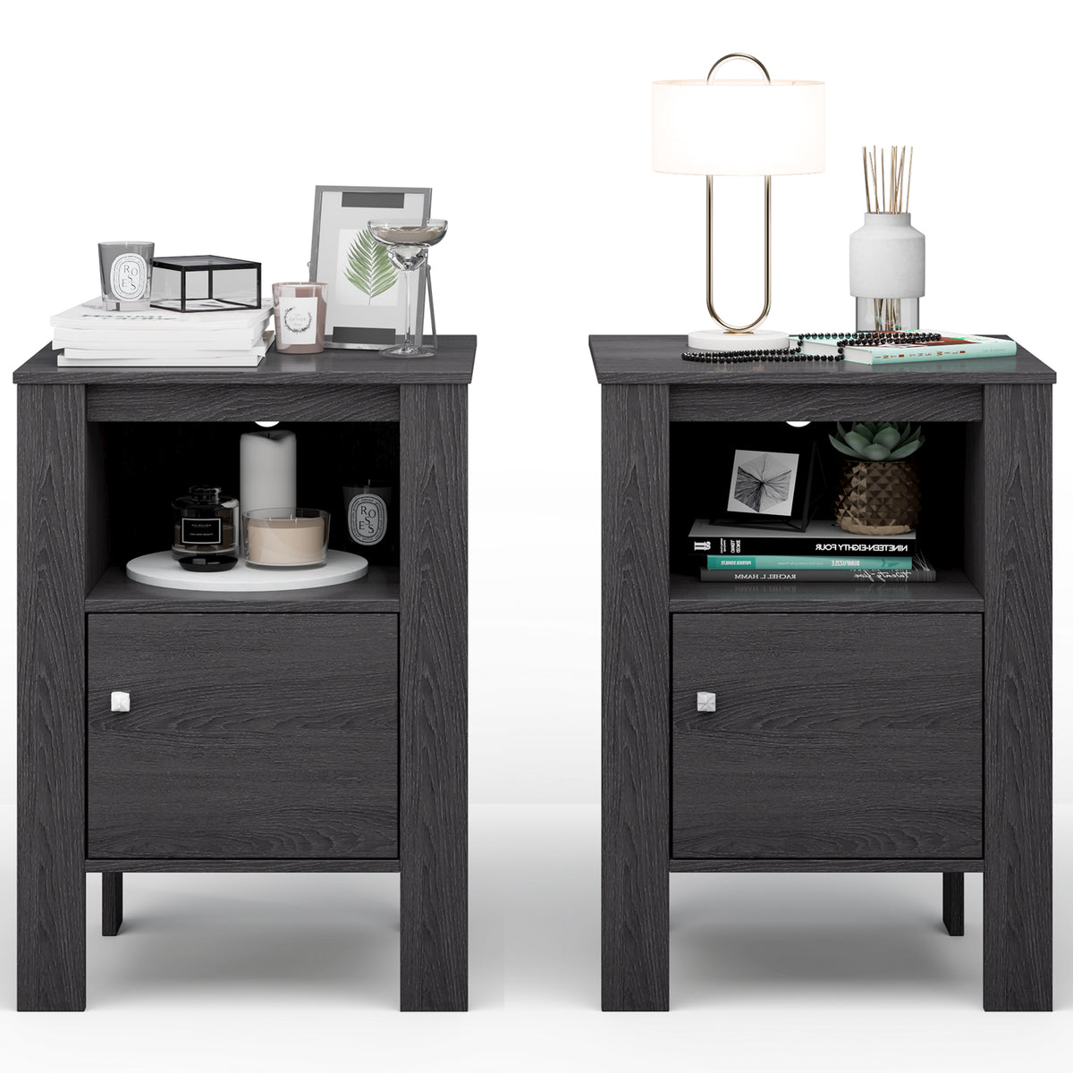 Compact Floor Farmhouse Nightstand with Open Shelf and Cabinet-Dark Gray-Nightstands-DECOROLALA
