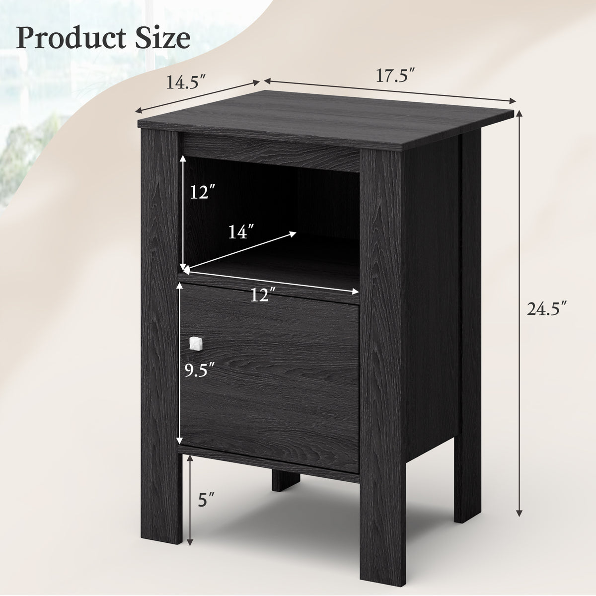Compact Floor Farmhouse Nightstand with Open Shelf and Cabinet-Dark Gray-Nightstands-DECOROLALA