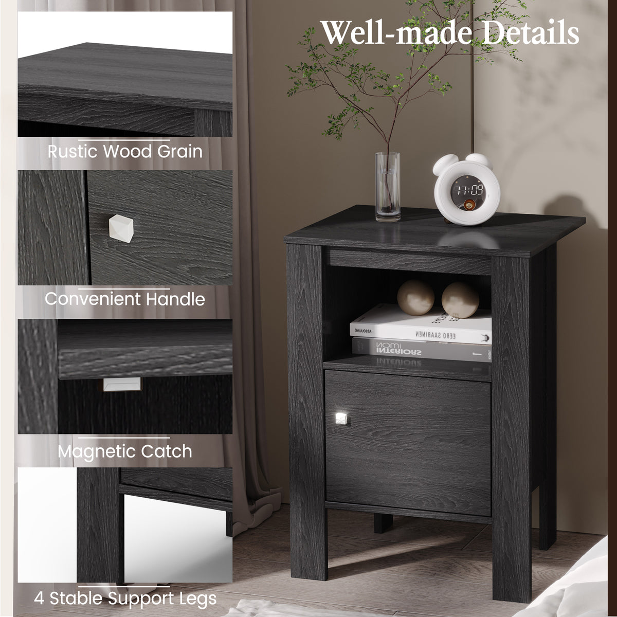 Compact Floor Farmhouse Nightstand with Open Shelf and Cabinet-Dark Gray-Nightstands-DECOROLALA