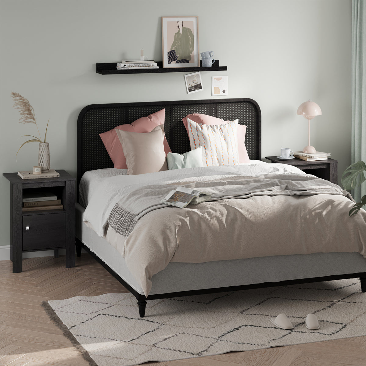 Compact Floor Farmhouse Nightstand with Open Shelf and Cabinet-Dark Gray-Nightstands-DECOROLALA