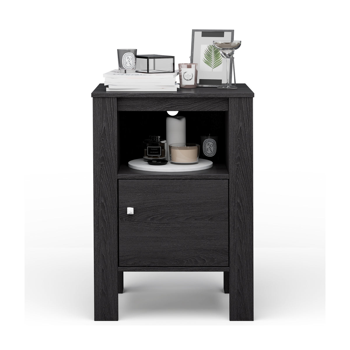 Compact Floor Farmhouse Nightstand with Open Shelf and Cabinet-Dark Gray-Nightstands-DECOROLALA