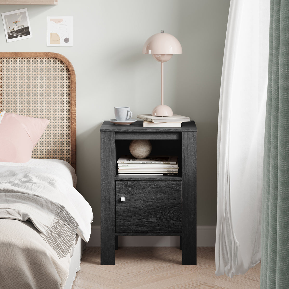 Compact Floor Farmhouse Nightstand with Open Shelf and Cabinet-Dark Gray-Nightstands-DECOROLALA