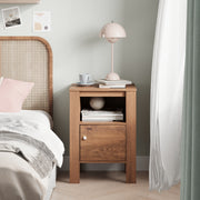 Compact Floor Farmhouse Nightstand with Open Shelf and Cabinet-Rustic Brown-Nightstands-DECOROLALA