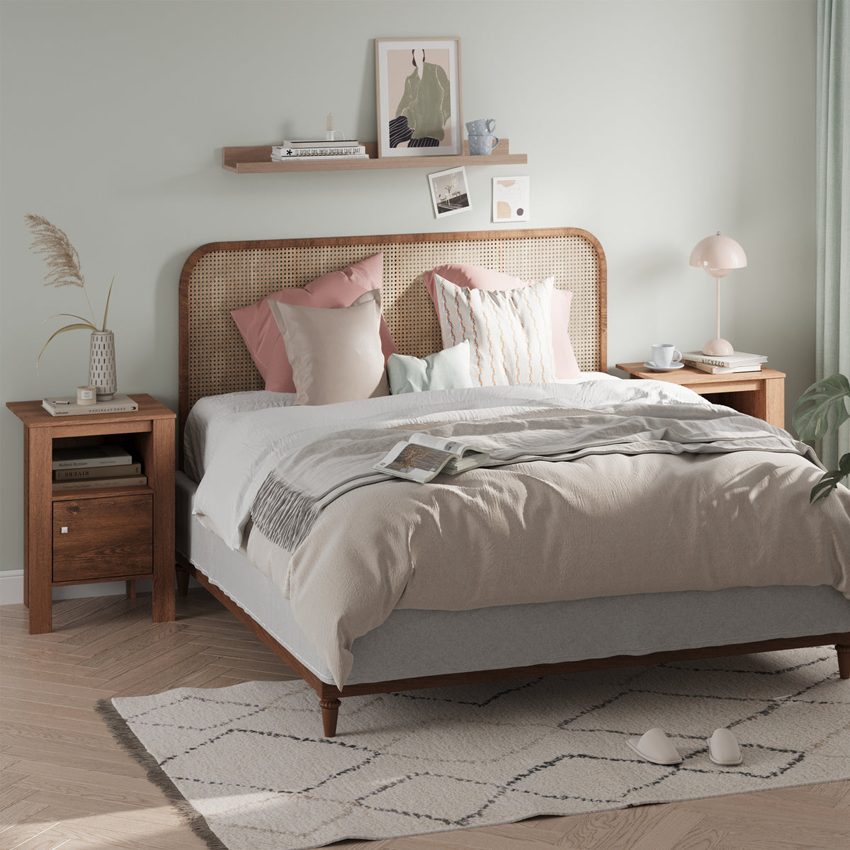 Compact Floor Farmhouse Nightstand with Open Shelf and Cabinet-Rustic Brown-Nightstands-DECOROLALA