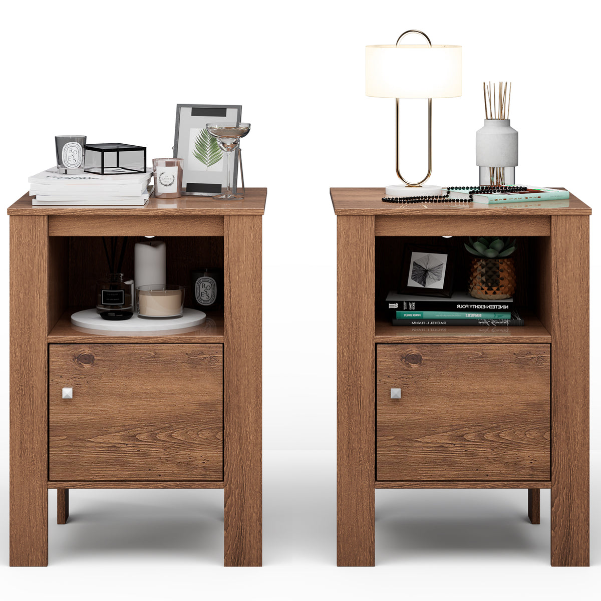 Compact Floor Farmhouse Nightstand with Open Shelf and Cabinet-Rustic Brown-Nightstands-DECOROLALA