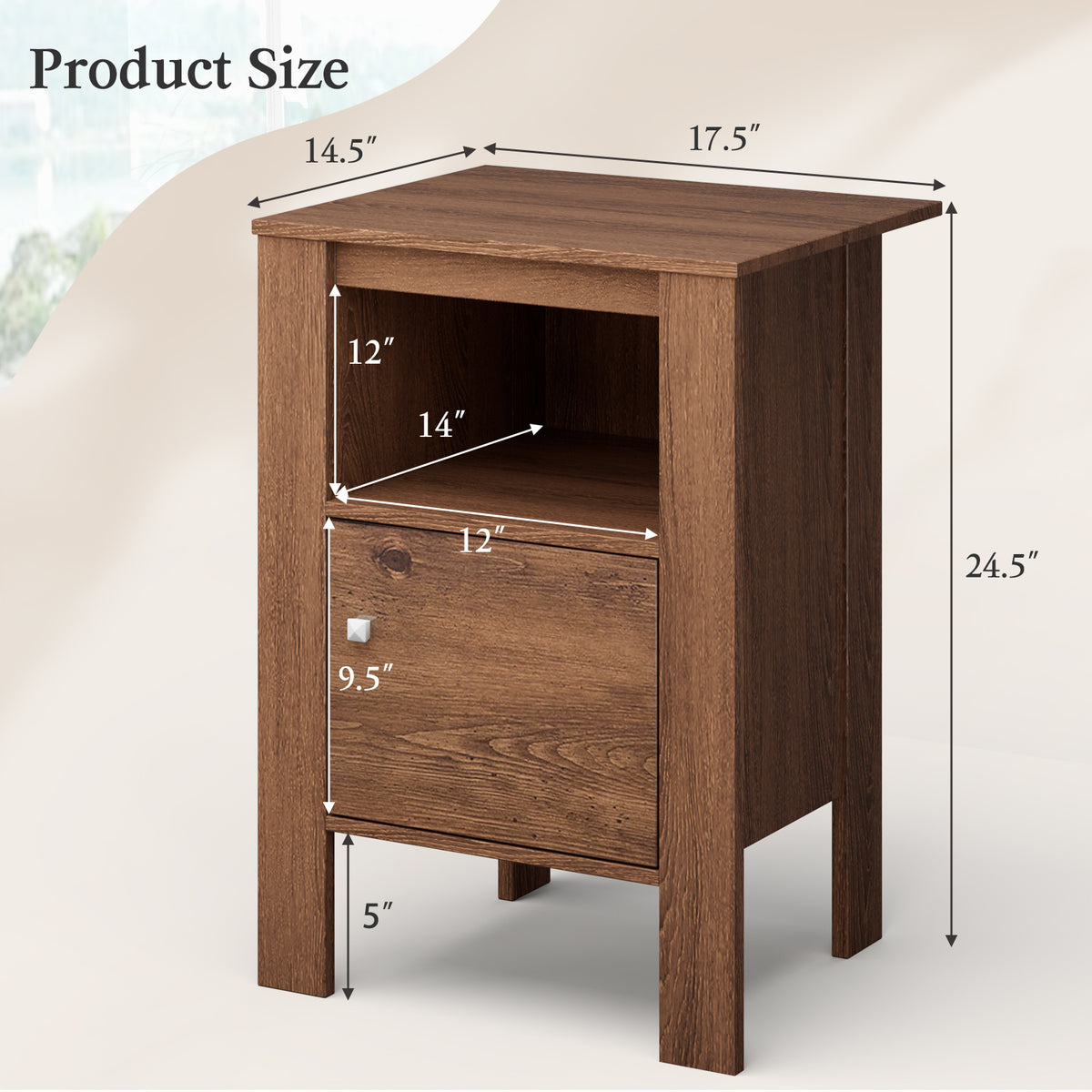 Compact Floor Farmhouse Nightstand with Open Shelf and Cabinet-Rustic Brown-Nightstands-DECOROLALA