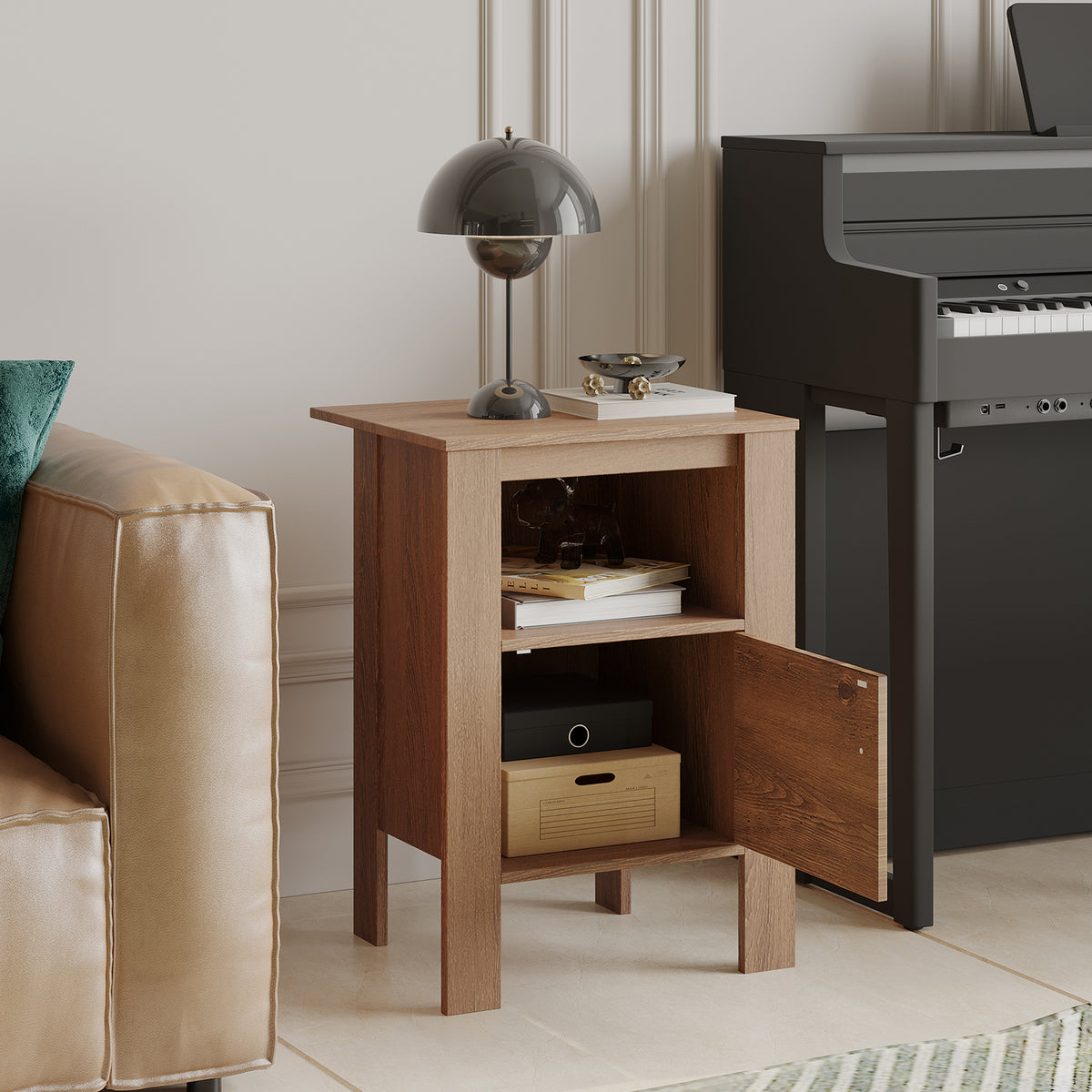 Compact Floor Farmhouse Nightstand with Open Shelf and Cabinet-Rustic Brown-Nightstands-DECOROLALA