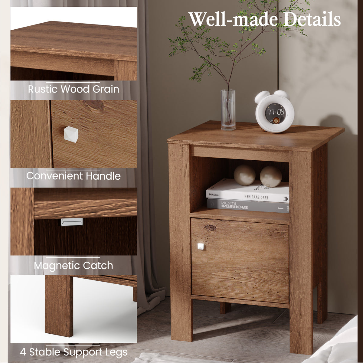 Compact Floor Farmhouse Nightstand with Open Shelf and Cabinet-Rustic Brown-Nightstands-DECOROLALA