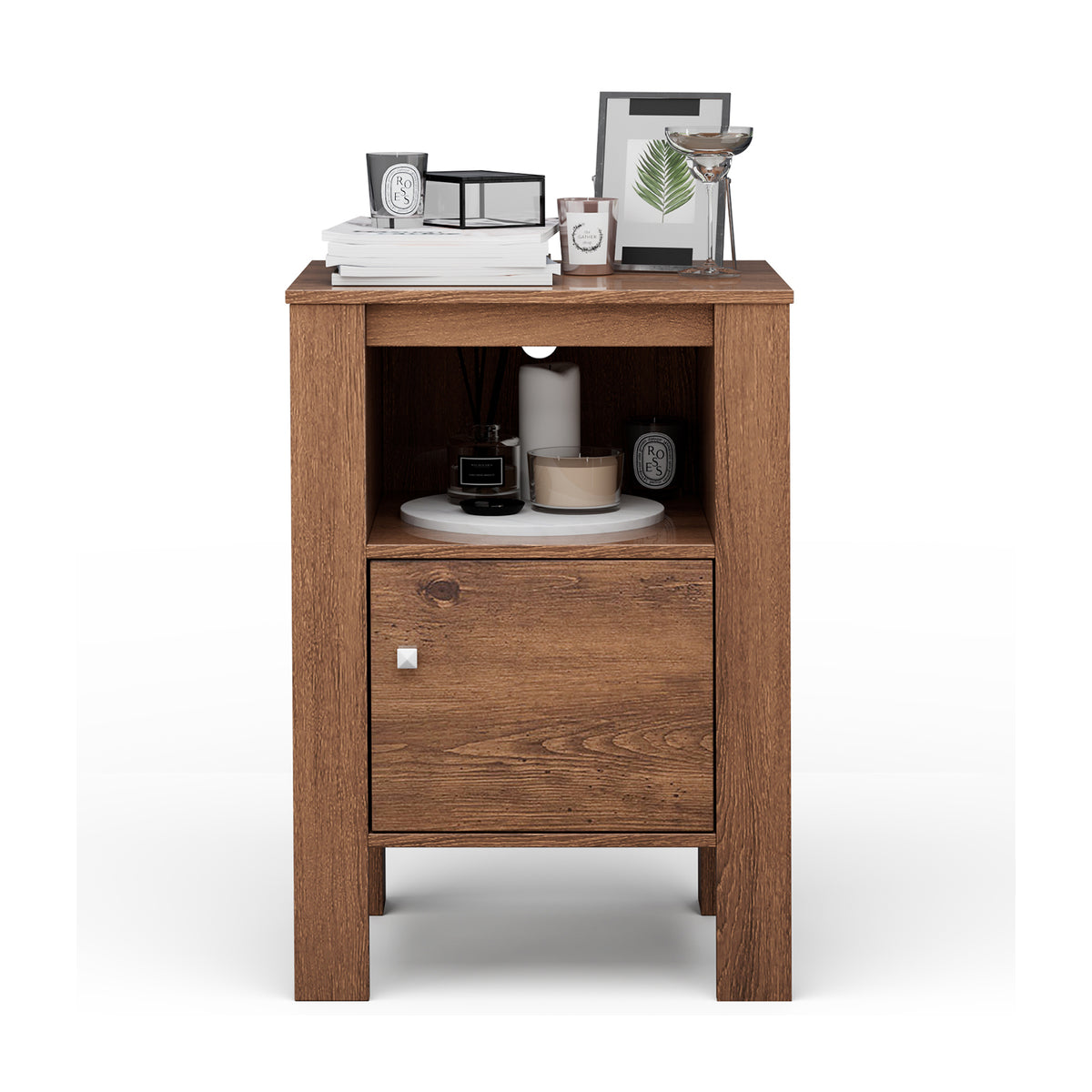 Compact Floor Farmhouse Nightstand with Open Shelf and Cabinet-Rustic Brown-Nightstands-DECOROLALA