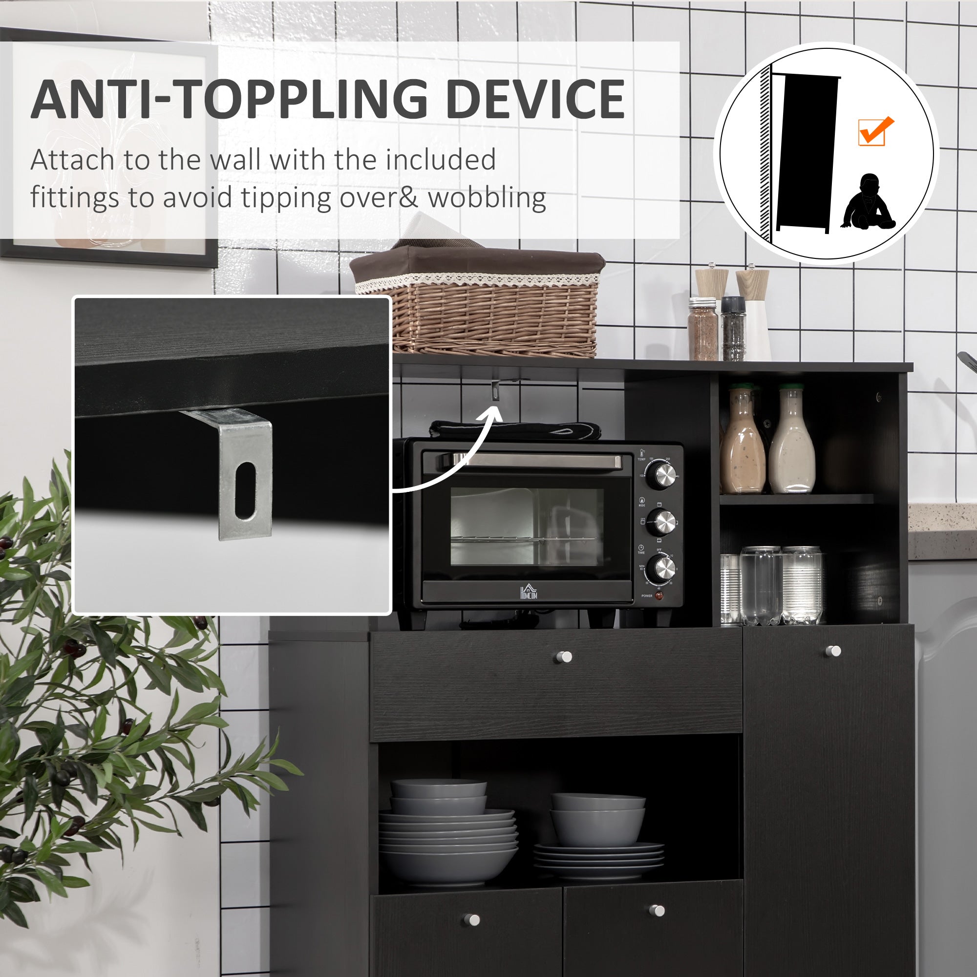 Compact Kitchen Buffet Storage Cabinet, Microwave Stand, Black-DECOROLALA