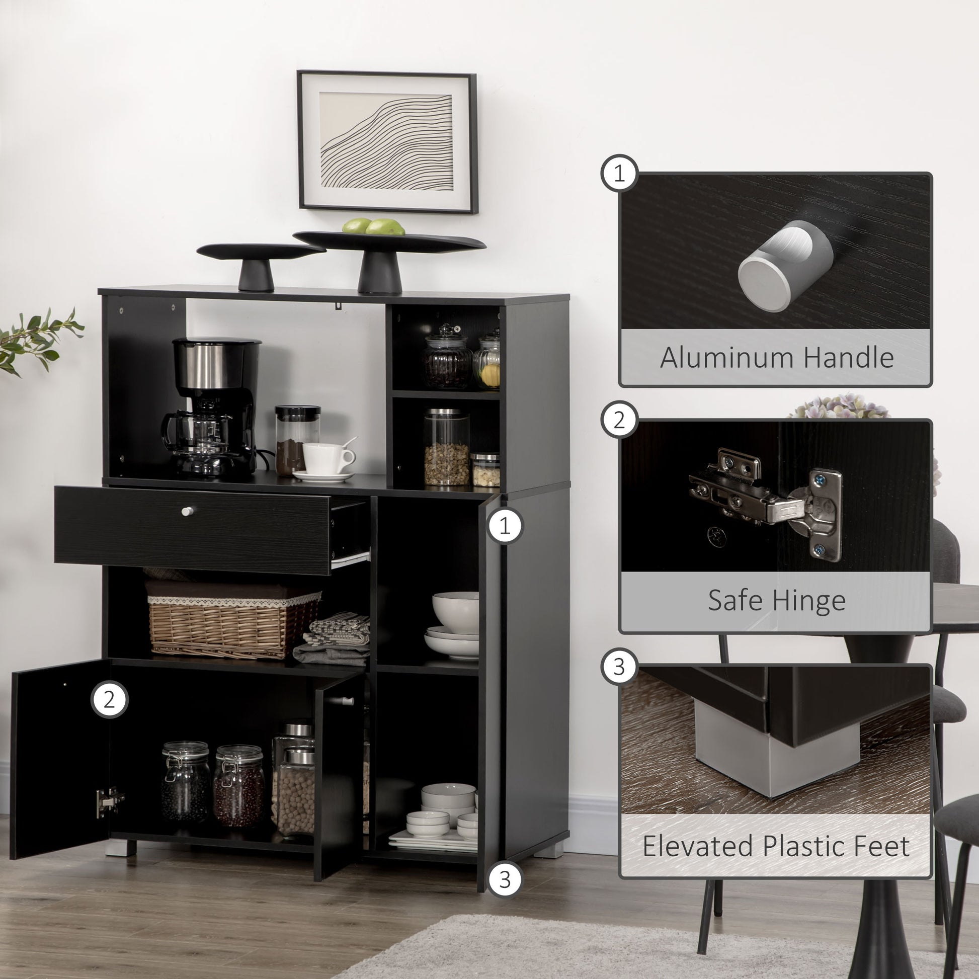 Compact Kitchen Buffet Storage Cabinet, Microwave Stand, Black-DECOROLALA