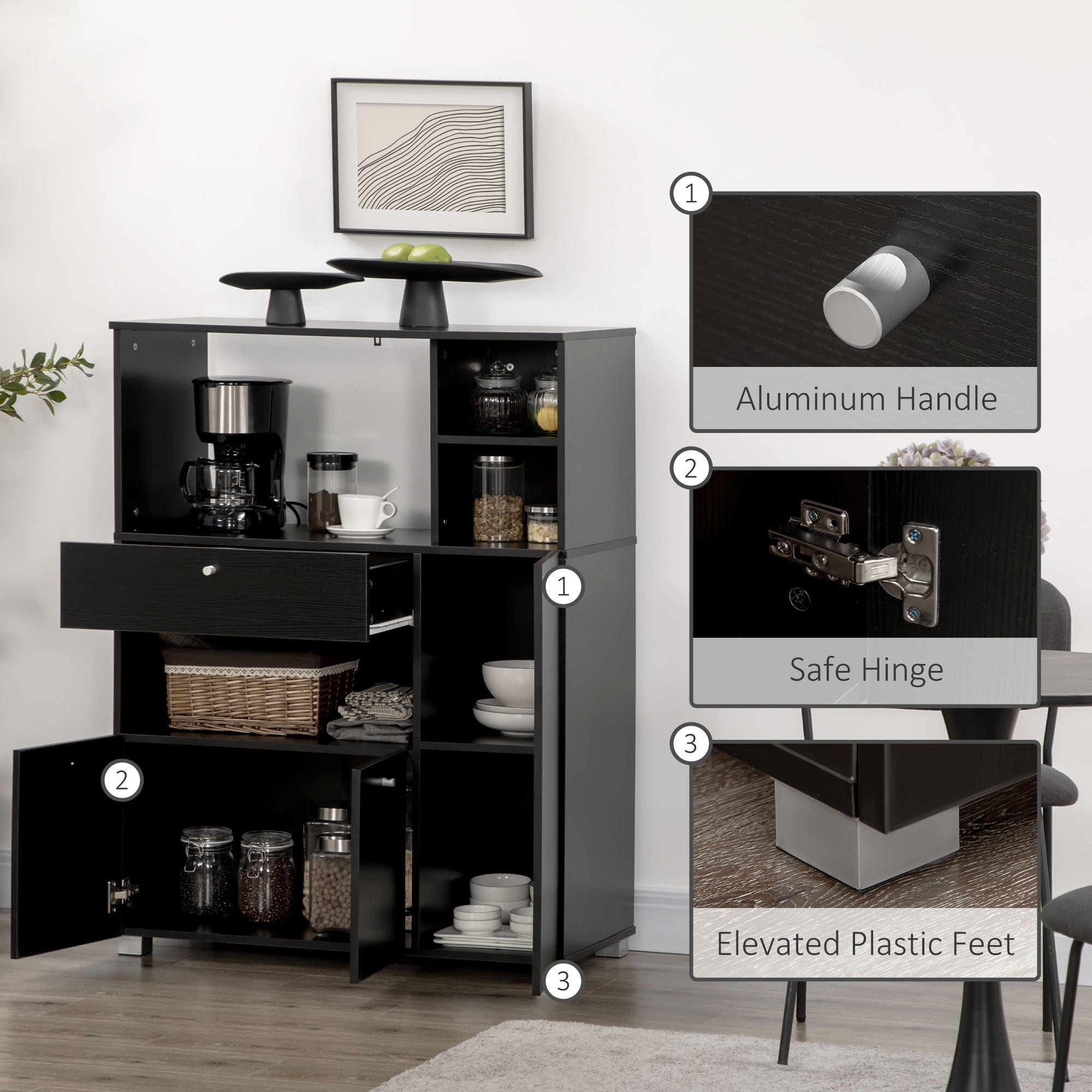 Compact Kitchen Buffet Storage Cabinet, Microwave Stand, Black-DECOROLALA