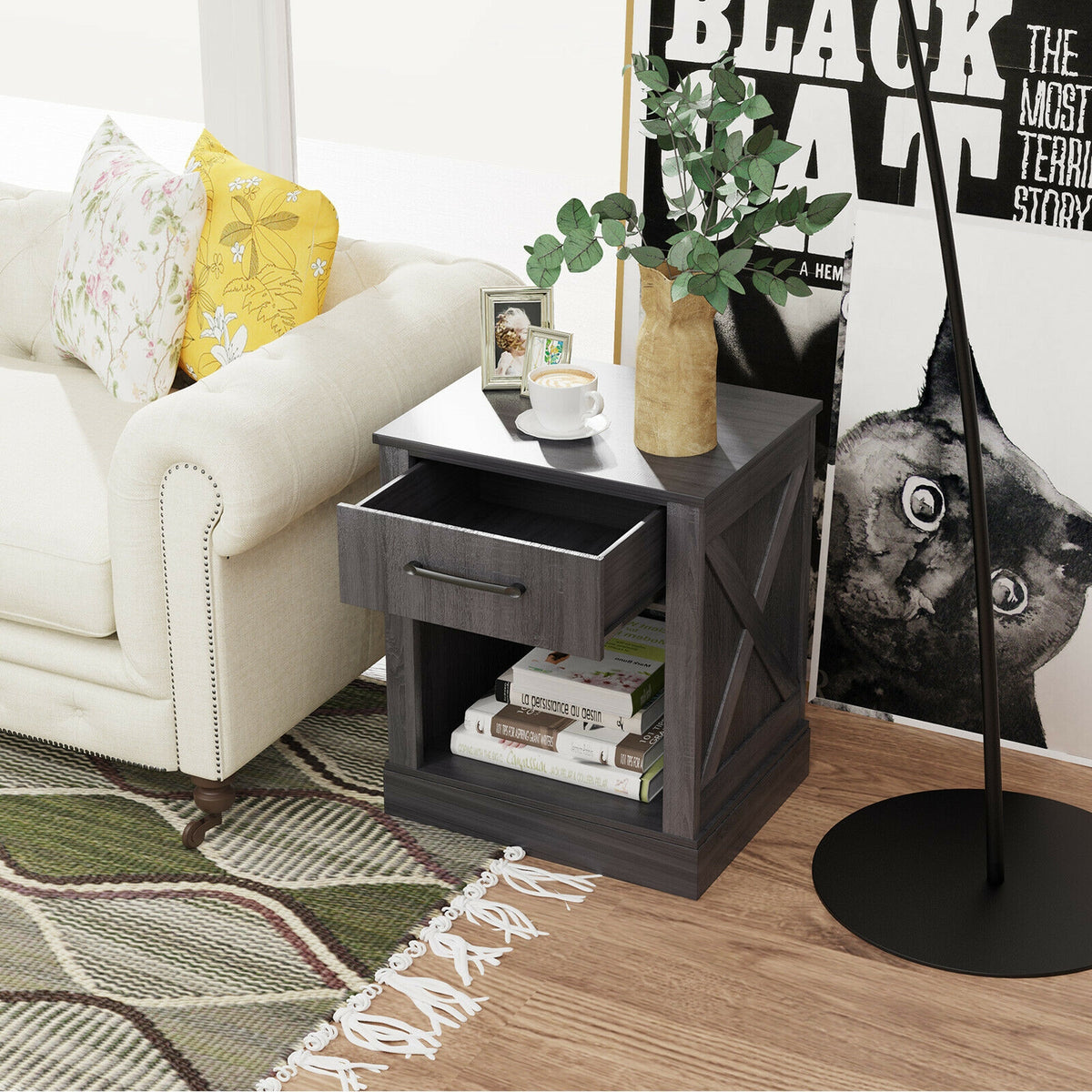 Compact Nightstand with Drawer and Shelf-Black-Nightstands-DECOROLALA