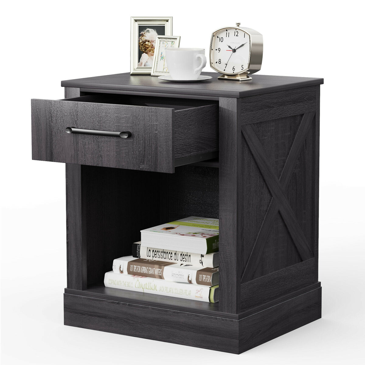 Compact Nightstand with Drawer and Shelf-Black-Nightstands-DECOROLALA