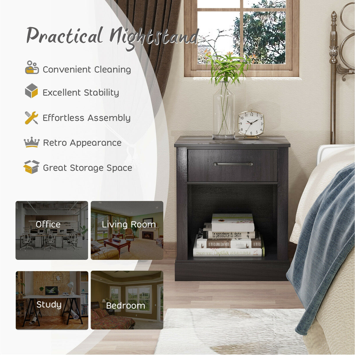Compact Nightstand with Drawer and Shelf-Black-Nightstands-DECOROLALA