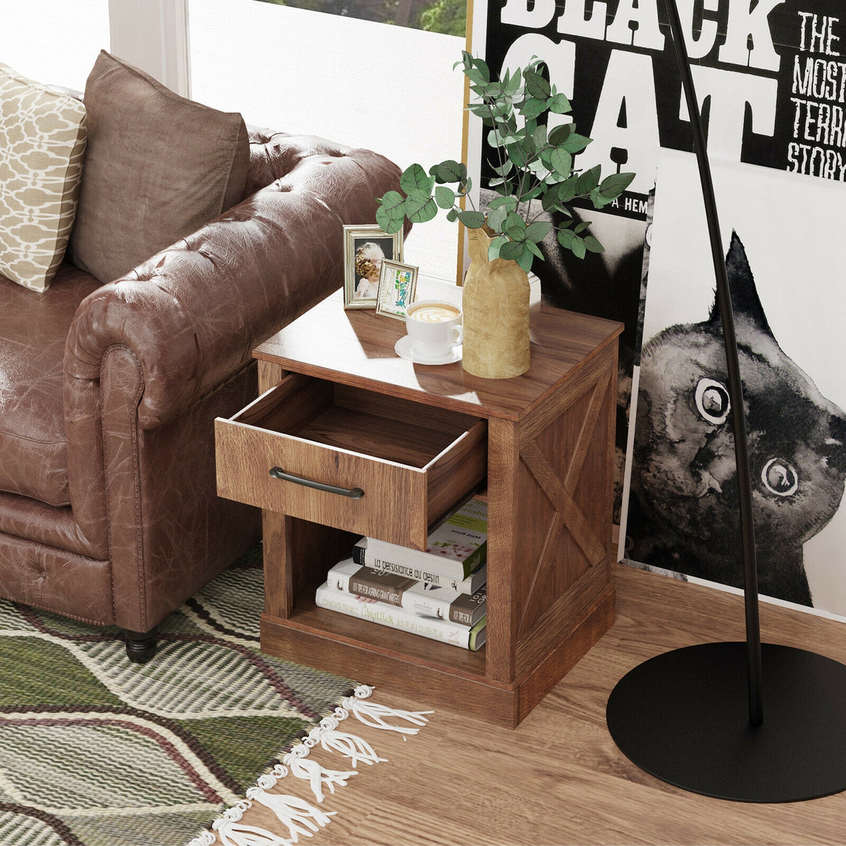 Compact Nightstand with Drawer and Shelf-Brown-Nightstands-DECOROLALA