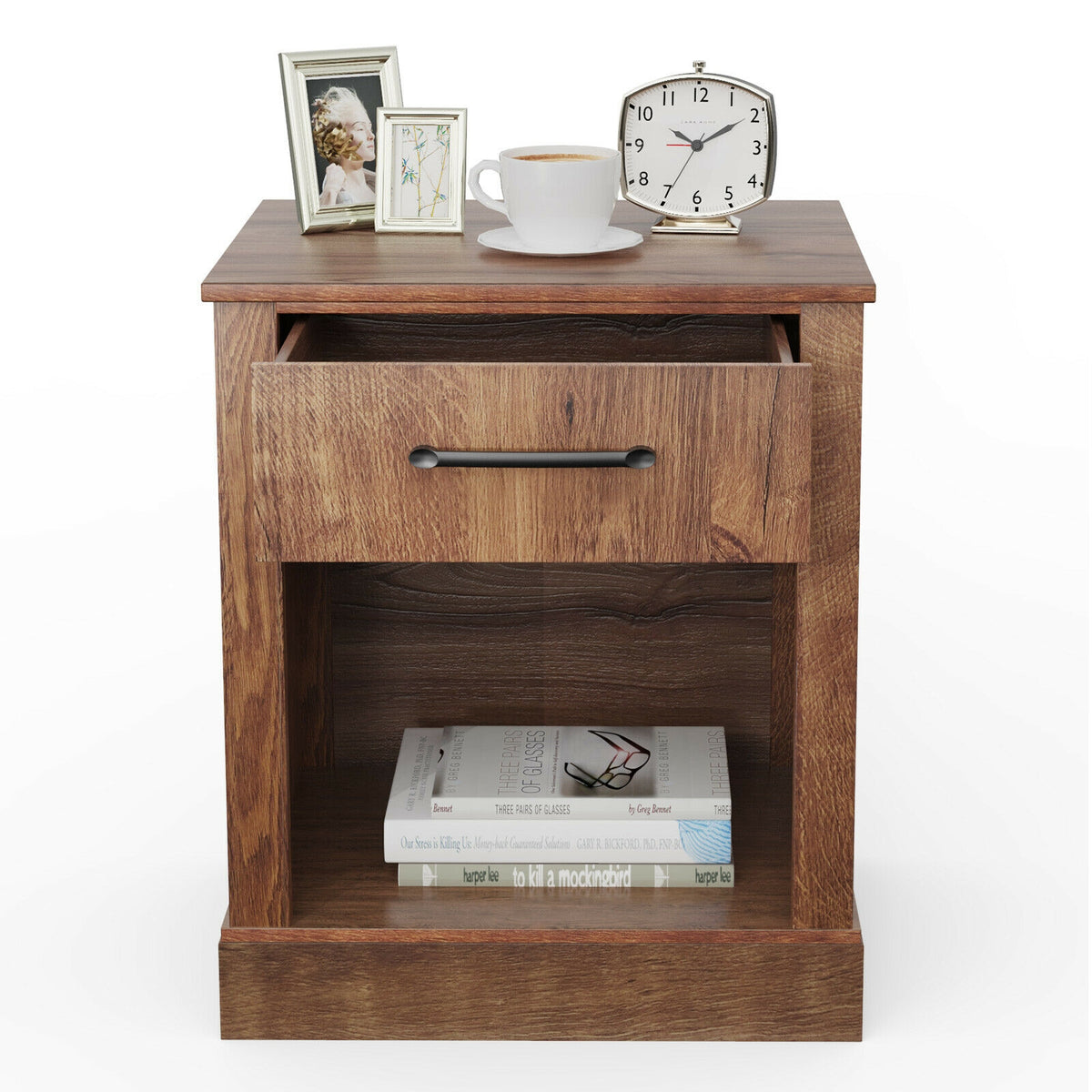 Compact Nightstand with Drawer and Shelf-Brown-Nightstands-DECOROLALA