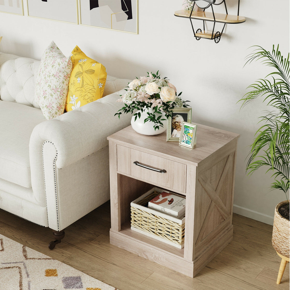 Compact Nightstand with Drawer and Shelf-Natural-Nightstands-DECOROLALA
