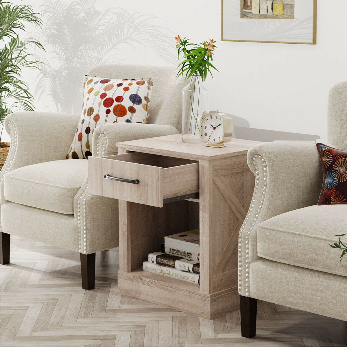 Compact Nightstand with Drawer and Shelf-Natural-Nightstands-DECOROLALA
