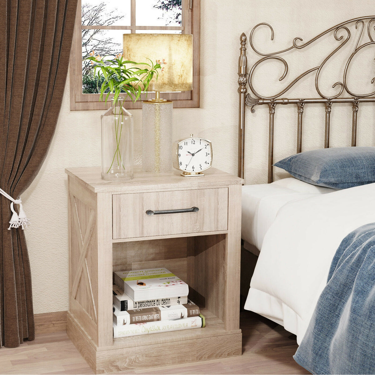 Compact Nightstand with Drawer and Shelf-Natural-Nightstands-DECOROLALA