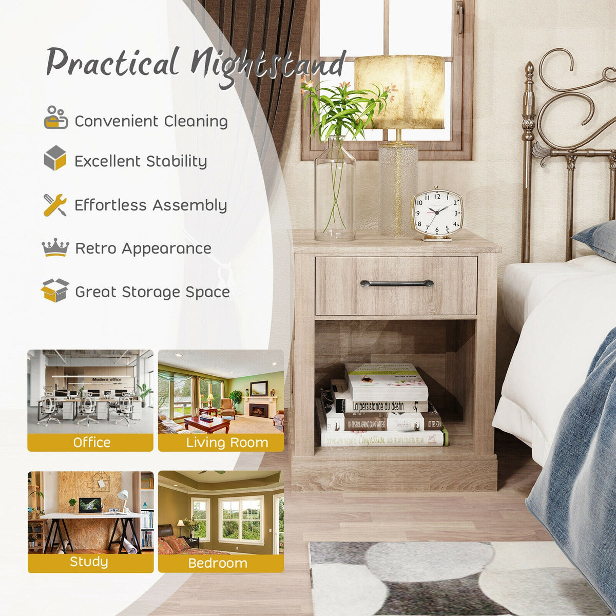 Compact Nightstand with Drawer and Shelf-Natural-Nightstands-DECOROLALA