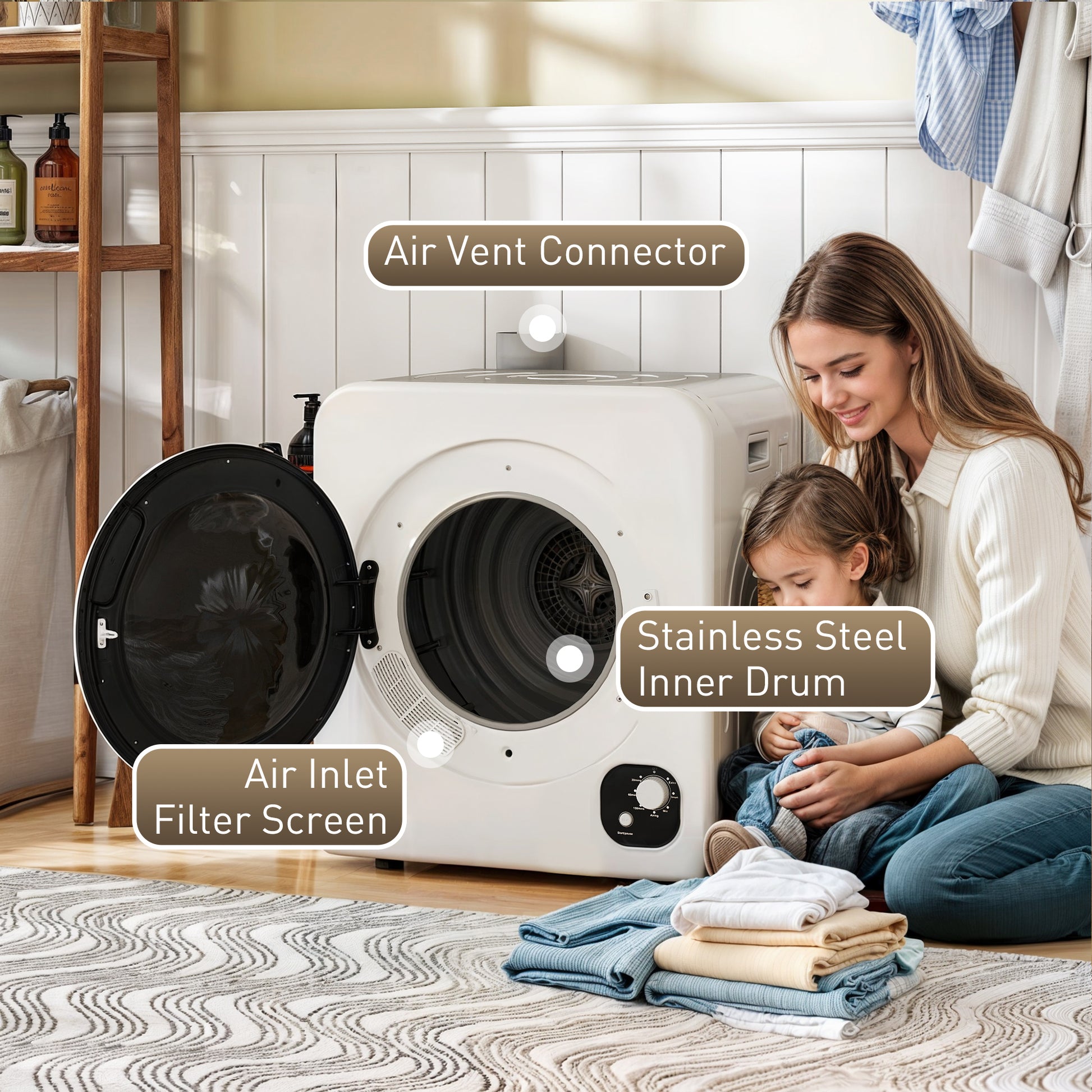 Compact Portable Laundry Dryer - 1300W 13lb White-DECOROLALA