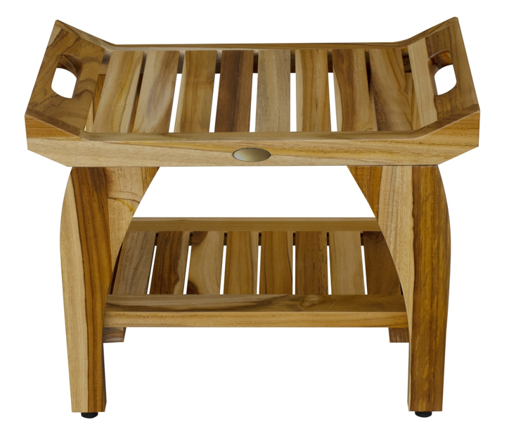 Compact Rectangular Teak Shower Bench With Handles In Natural Finish-Shower Benches-DECOROLALA