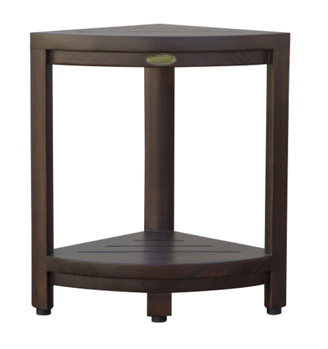 Compact Triangular Teak Shower Outdoor Bench With Shelf In Brown Finish-Shower Benches-DECOROLALA