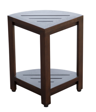 Compact Triangular Teak Shower Outdoor Bench With Shelf In Brown Finish-Shower Benches-DECOROLALA