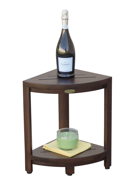 Compact Triangular Teak Shower Outdoor Bench With Shelf In Brown Finish-Shower Benches-DECOROLALA