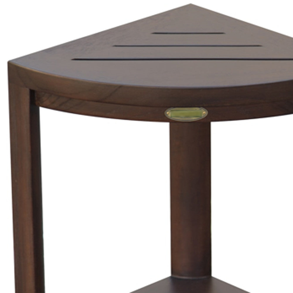 Compact Triangular Teak Shower Outdoor Bench With Shelf In Brown Finish-Shower Benches-DECOROLALA