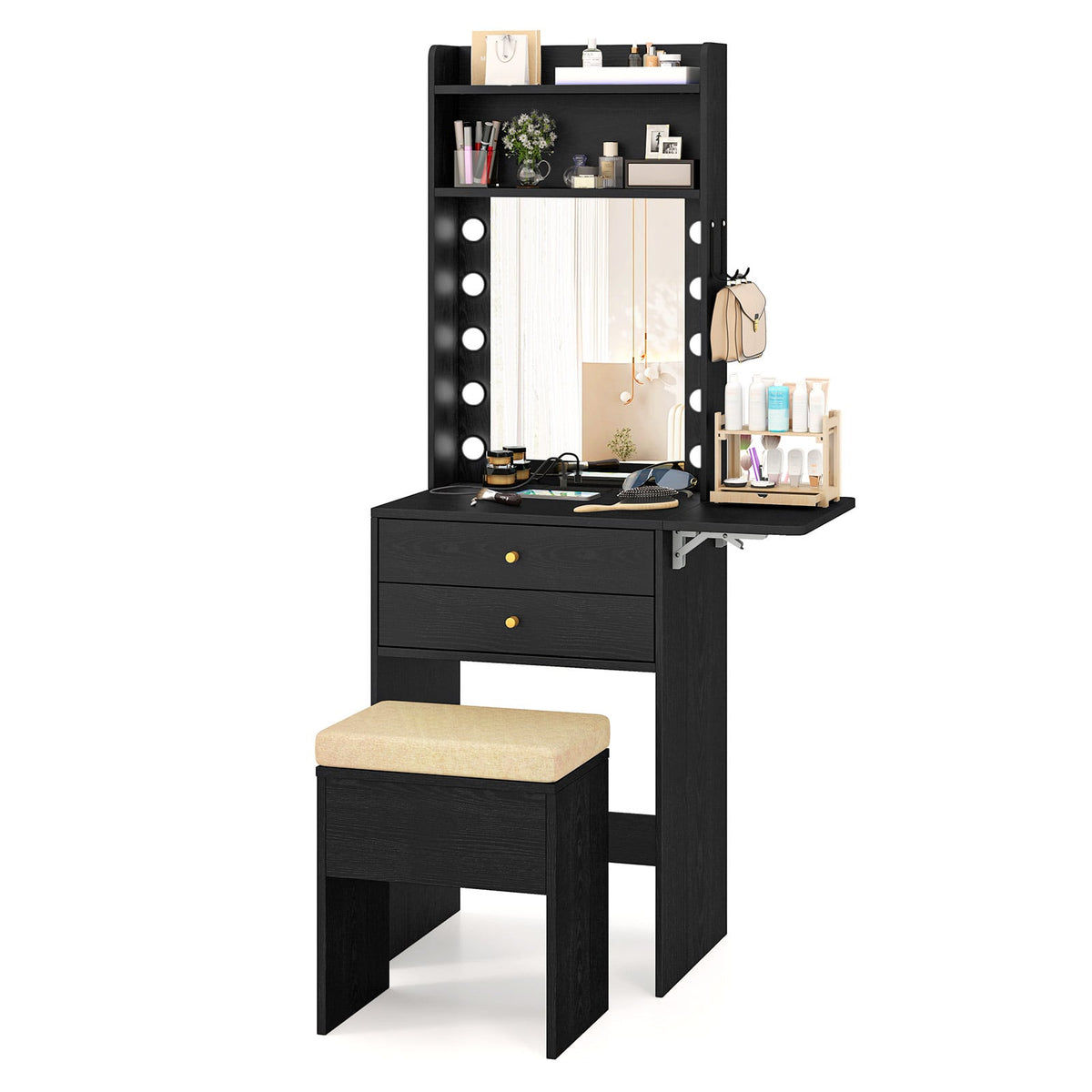 Compact Vanity Desk Set with 3-Color Lighted Mirror and Power Outlets-Black-Makeup Vanities-DECOROLALA