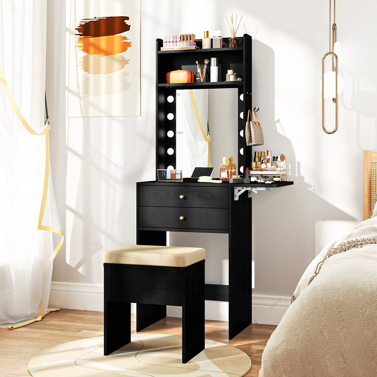Compact Vanity Desk Set with 3-Color Lighted Mirror and Power Outlets-Black-Makeup Vanities-DECOROLALA