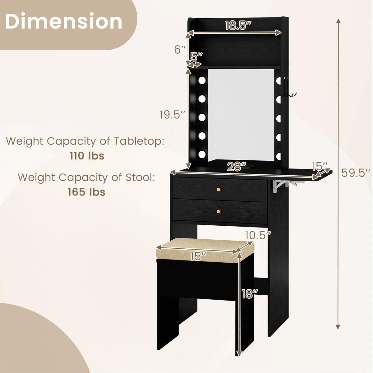 Compact Vanity Desk Set with 3-Color Lighted Mirror and Power Outlets-Black-Makeup Vanities-DECOROLALA