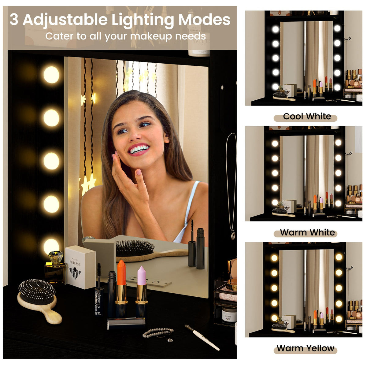 Compact Vanity Desk Set with 3-Color Lighted Mirror and Power Outlets-Black-Makeup Vanities-DECOROLALA