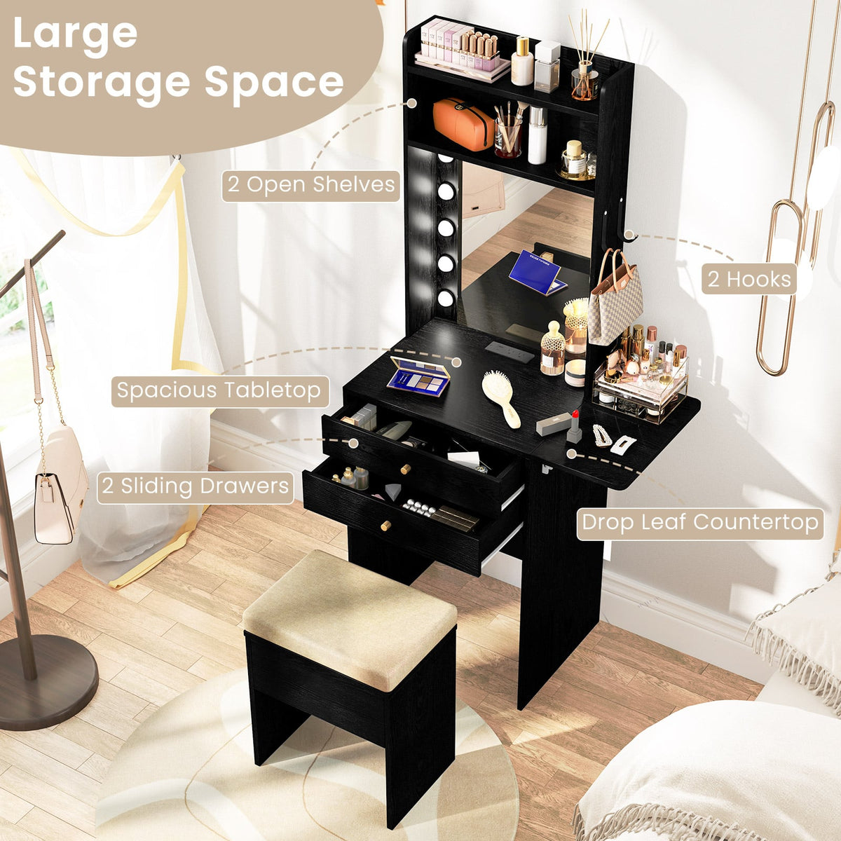 Compact Vanity Desk Set with 3-Color Lighted Mirror and Power Outlets-Black-Makeup Vanities-DECOROLALA