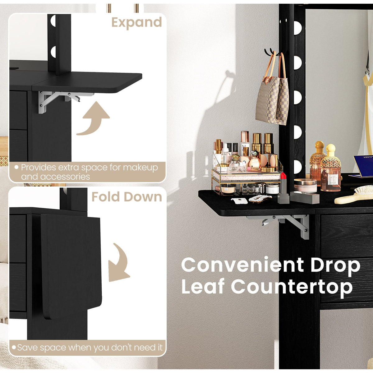 Compact Vanity Desk Set with 3-Color Lighted Mirror and Power Outlets-Black-Makeup Vanities-DECOROLALA