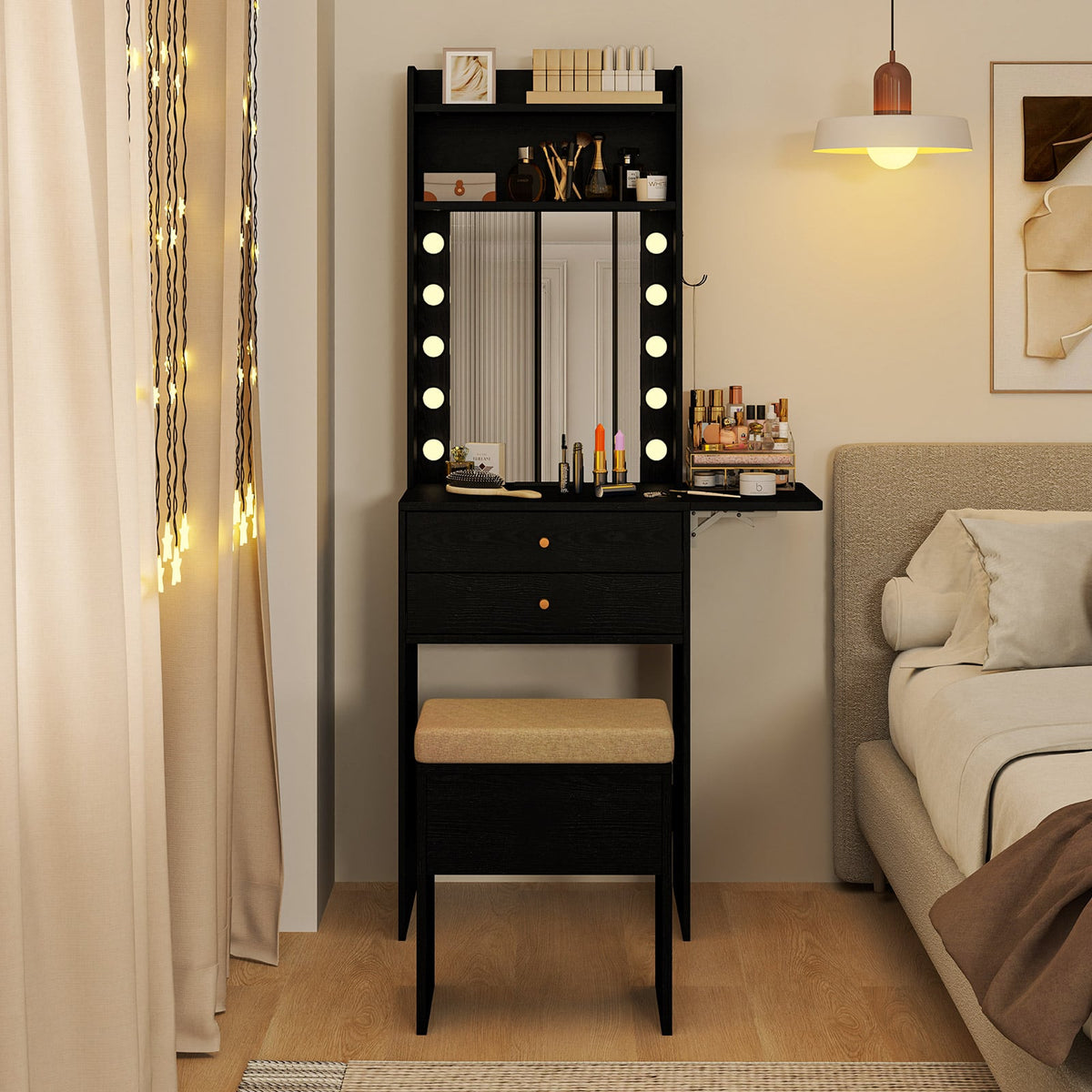Compact Vanity Desk Set with 3-Color Lighted Mirror and Power Outlets-Black-Makeup Vanities-DECOROLALA